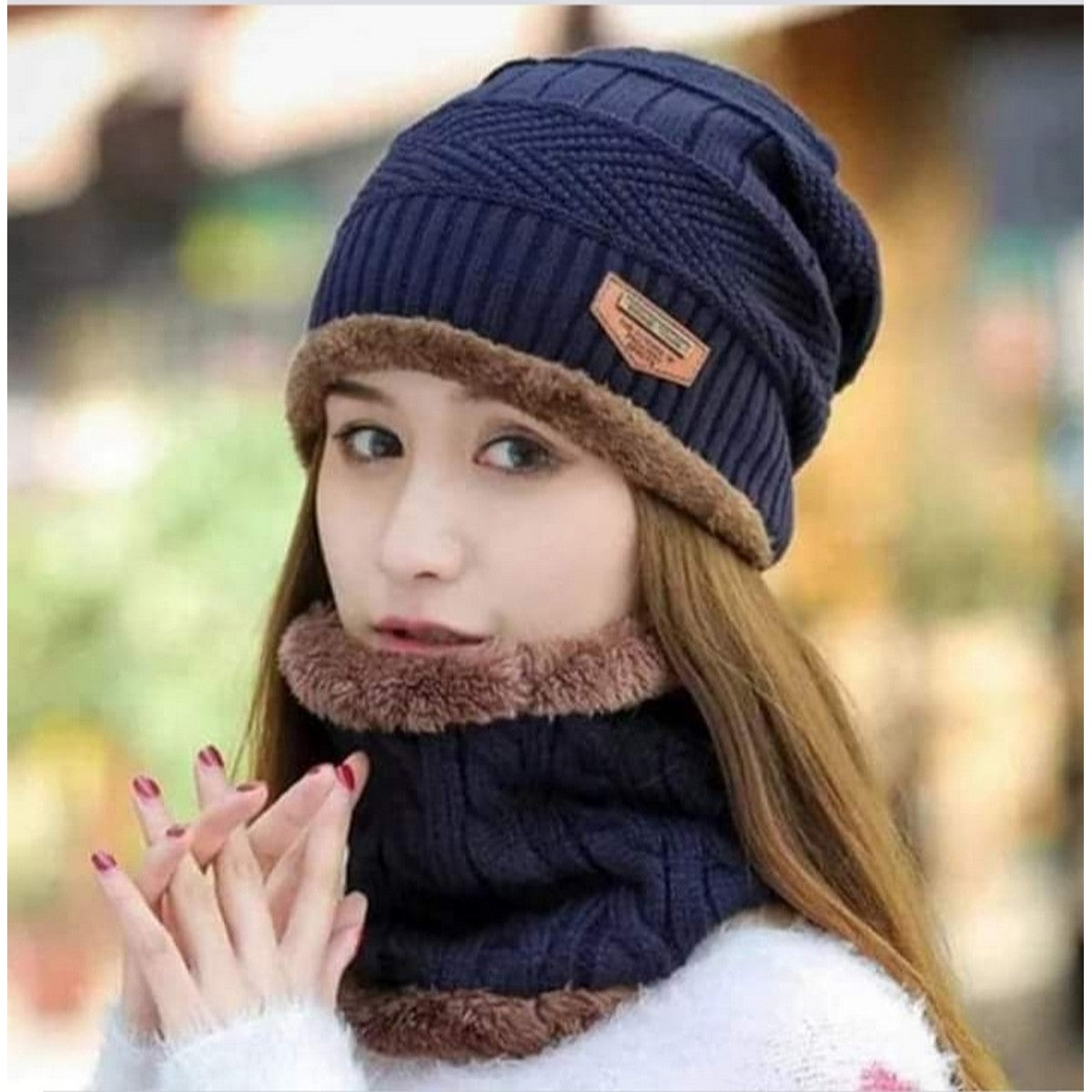 Winter Warm Cap With Neck Warmer Set – Wool Fleece Fur Knitted Beanie For Men & Women