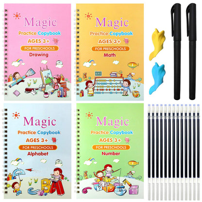 (Pack of 4) Preschools Magic Practice Workbook - Copybook for Kids, Children Reusable Handwriting Practice Copy Books for Letter Writing