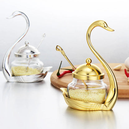 Aluminum Alloy Condiment Pot Seasoning Container Spice Glass Jar Salt Sugar Bowl Pepper Coffee Storage Organizer Swan Rack Set