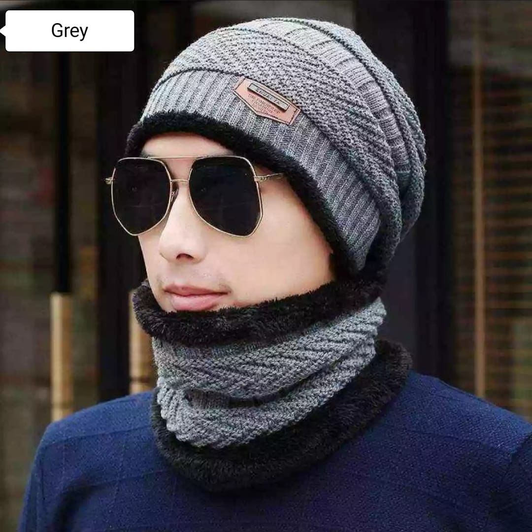 Winter Warm Cap With Neck Warmer Set – Wool Fleece Fur Knitted Beanie For Men & Women