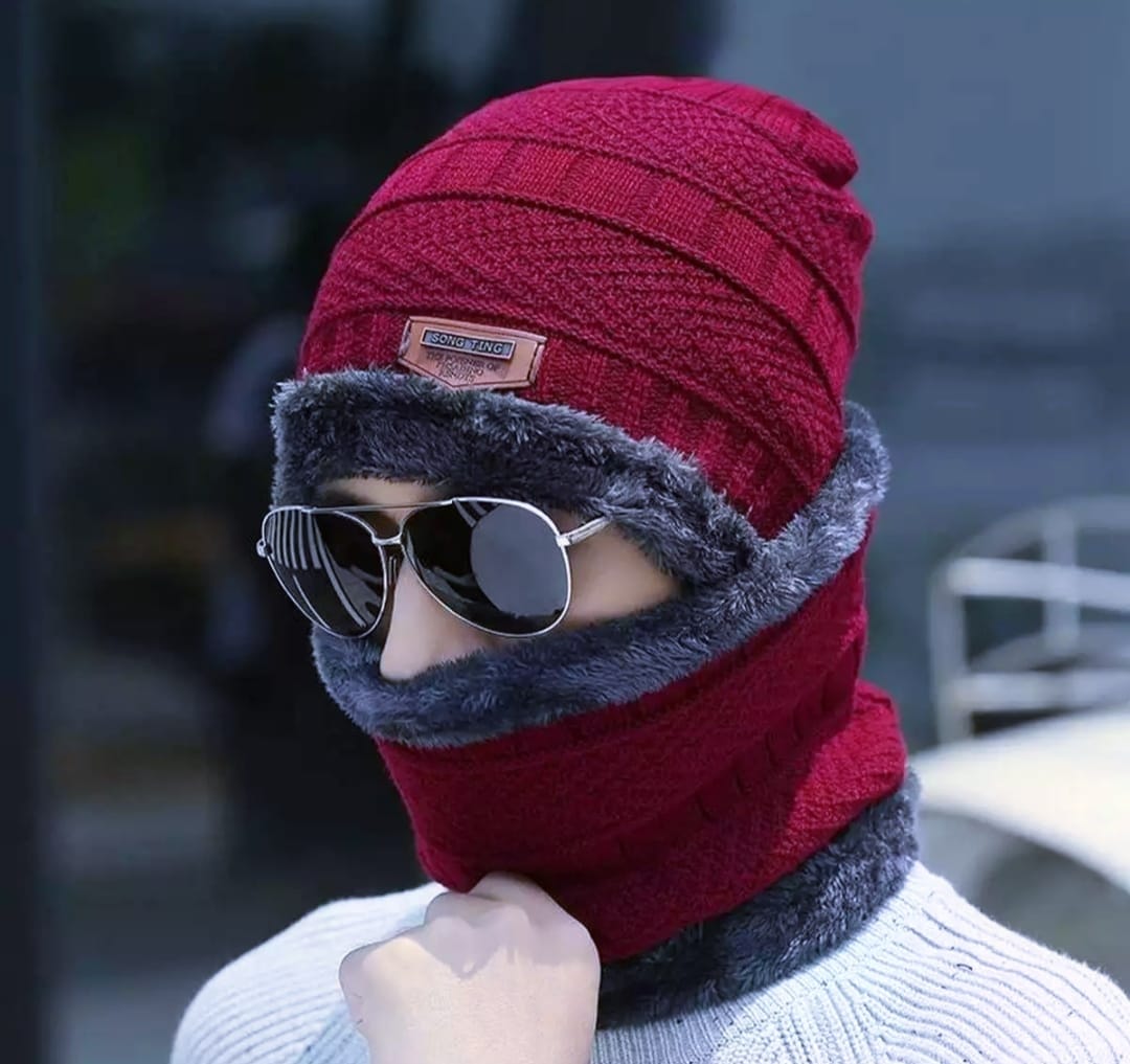 Winter Warm Cap With Neck Warmer Set – Wool Fleece Fur Knitted Beanie For Men & Women