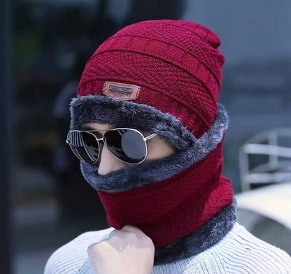 Winter Warm Cap With Neck Warmer Set – Wool Fleece Fur Knitted Beanie For Men & Women