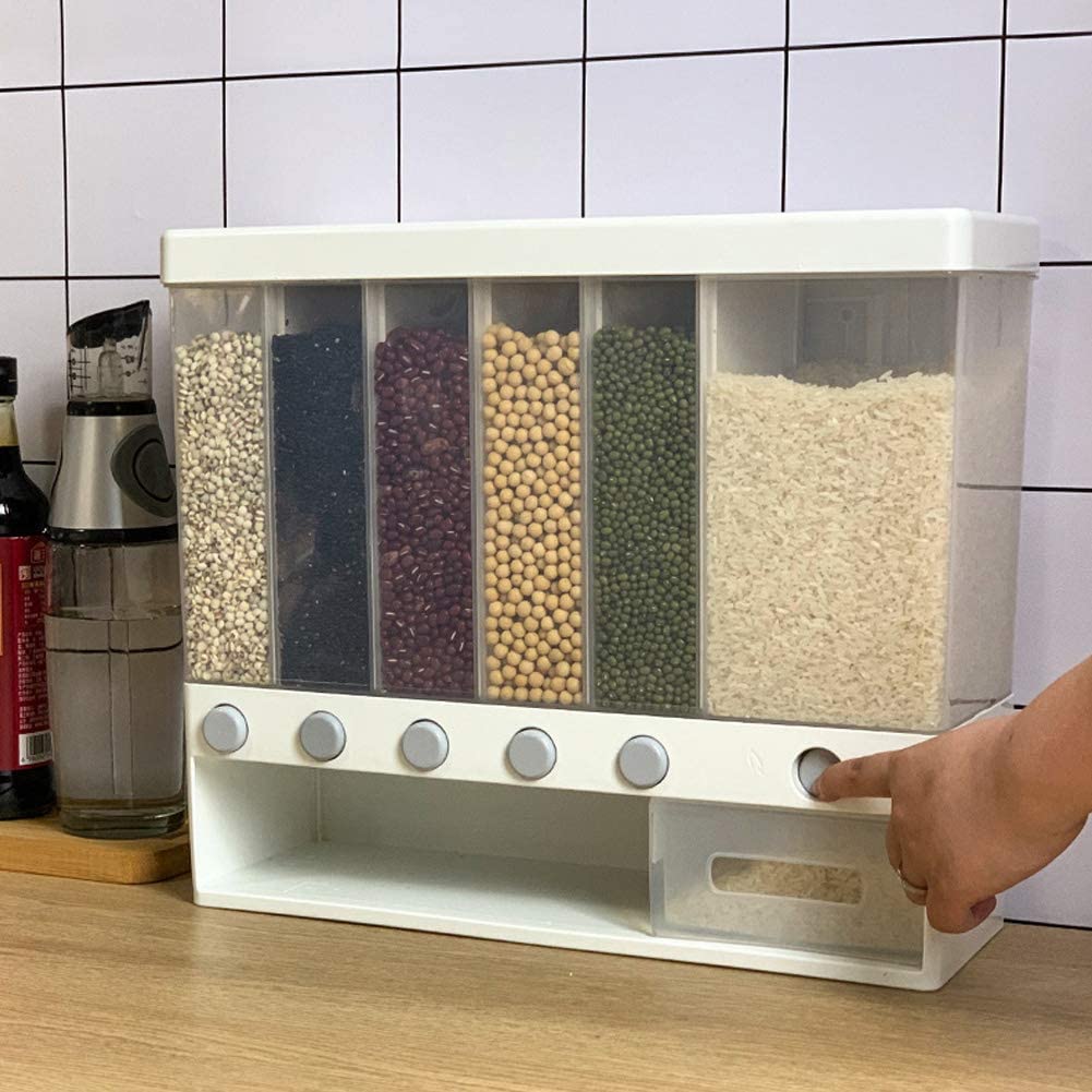 6-Grid Wall Mounted Food Dispenser, Whole Grains Rice Bucket, Large Capacity Storage Dry Food Dispenser